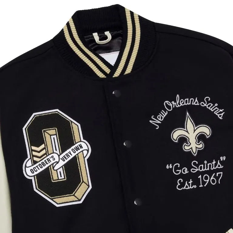 OVO New Orleans Saints Logo Mash Up Black Wool & White Genuine Leather Sleeves Men's Varsity Letterman Jacket
