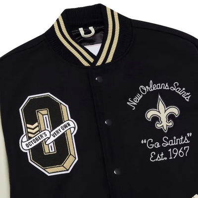 OVO New Orleans Saints Logo Mash Up Black Wool & White Genuine Leather Sleeves Men's Varsity Letterman Jacket