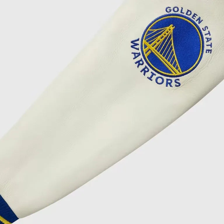 OVO Golden State Warriors Varsity Blue Wool & White Genuine Leather Sleeves Men's Bomber Jacket