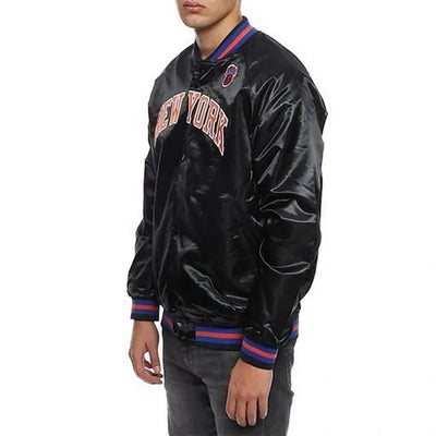 New York Knick Hardwood Classic Full-Snap Varsity Black Satin Men's Bomber Jacket