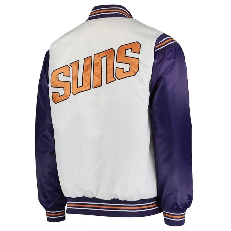 Phoenix Suns Renegade Full-Snap Varsity White and Purple Satin Men's Bomber Jacket