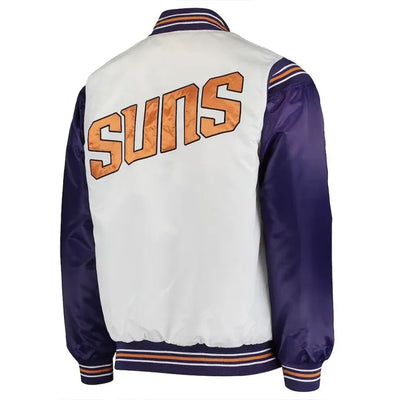Phoenix Suns Renegade Full-Snap Varsity White and Purple Satin Men's Bomber Jacket