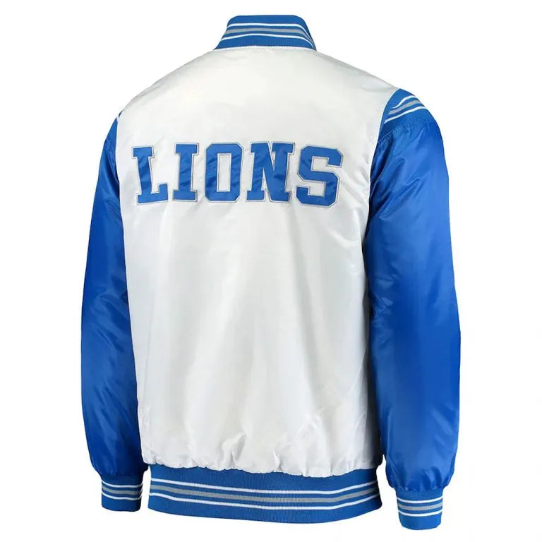 Detroit Lions Historic Logo Renegade Full-Snap Varsity Blue and White Satin Men's Bomber Jacket