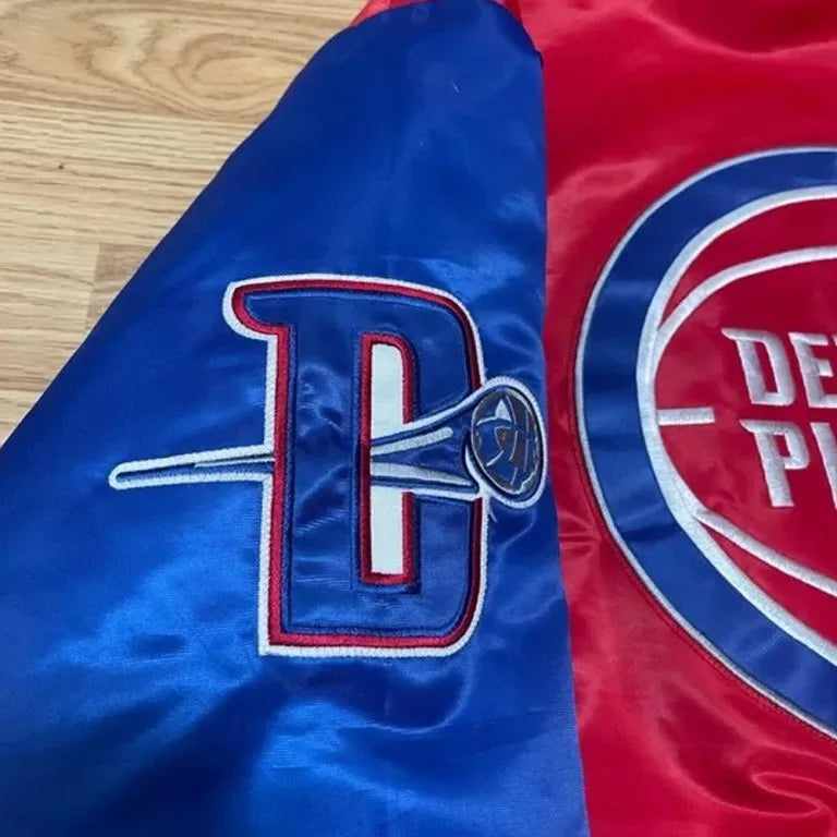 Detroit Pistons Ty Mopkins Full-Snap Varsity Red and Blue Satin Men's Bomber Jacket