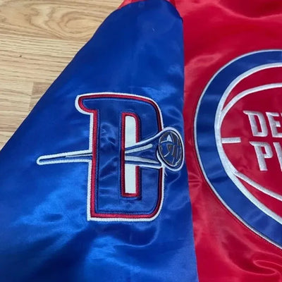 Detroit Pistons Ty Mopkins Full-Snap Varsity Red and Blue Satin Men's Bomber Jacket