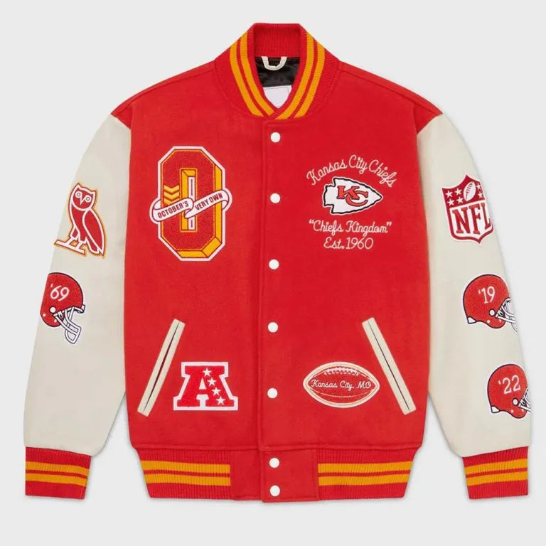 OVO Kansas City Chiefs Red Wool and White Genuine Leather Sleeves Men's Varsity Letterman Jacket
