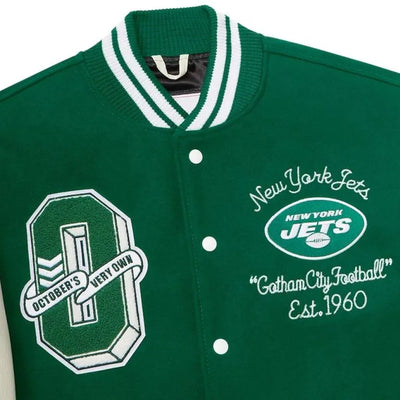 OVO New York Jets Green Wool & White Genuine Leather Sleeves Men's Varsity Letterman Jacket
