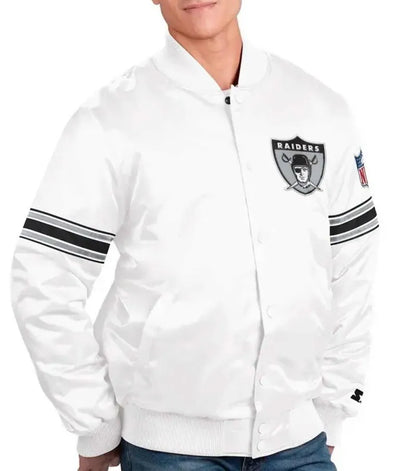 Los Angeles Raiders The Power Forward Full-Snap Varsity White Satin Men's Bomber Jacket