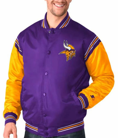 Minnesota Vikings Full-Snap Varsity Purple and Yellow Satin Men's Bomber Jacket