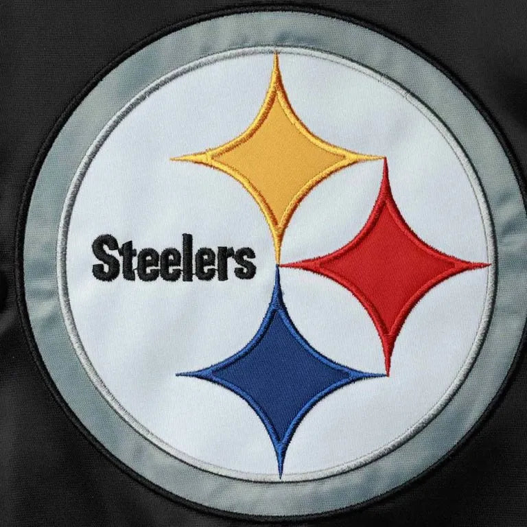 Pittsburgh Steelers The Reliever Full-Snap Varsity Tri Color Satin Men's Bomber Jacket