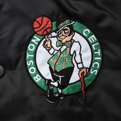 Boston Celtics The Enforcer Full-Snap Varsity Black/Kelly Green Satin Men's Bomber Jacket