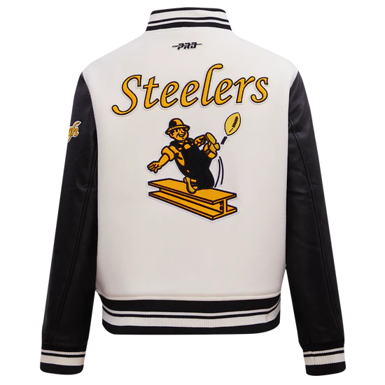 Pittsburgh Steelers Retro Classic Off White Wool & Black Genuine Leather Sleeves Men's Varsity Letterman Jacket