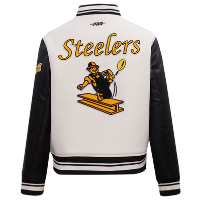 Pittsburgh Steelers Retro Classic Off White Wool & Black Genuine Leather Sleeves Men's Varsity Letterman Jacket
