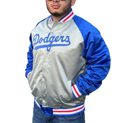 LA Dodgers Vintage Logo Double Clutch Lightweight Gray Satin Men's Jacket