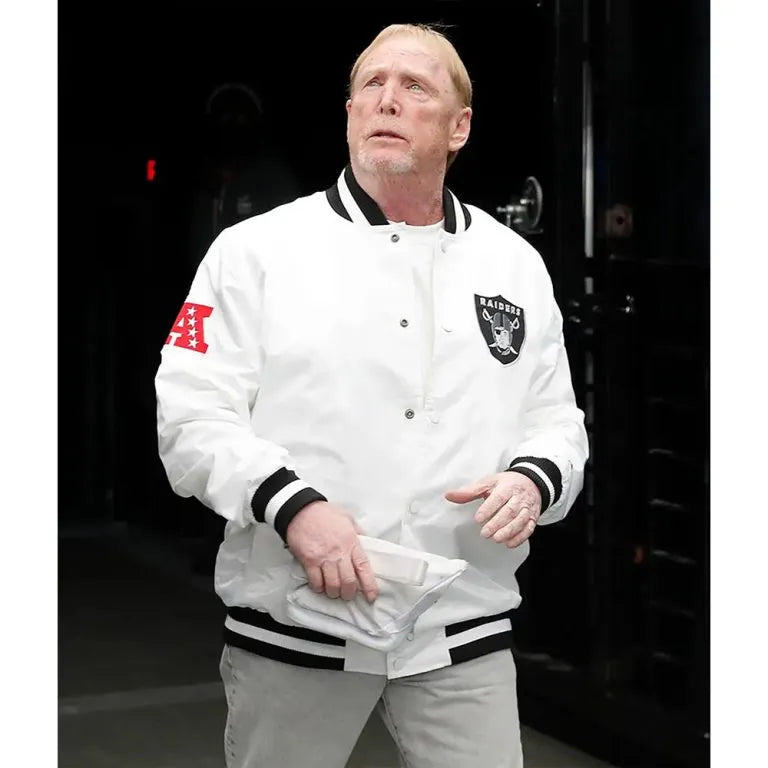 Los Angeles Raiders Mark Davis Full-Snap Varsity White Satin Men's Bomber Jacket
