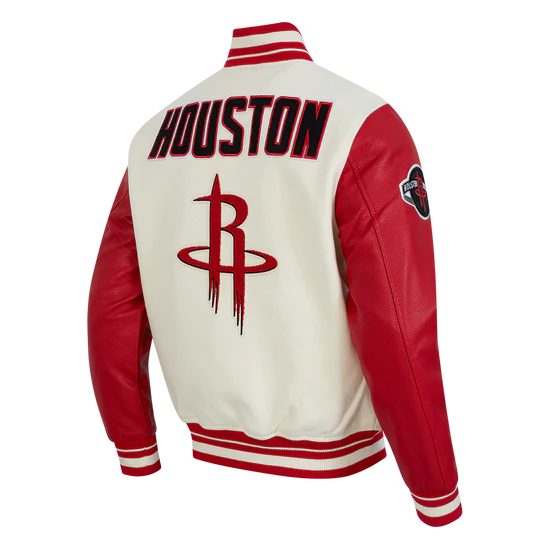 Houston Rockets Retro Classic Rib Varsity Off-White Wool & Red Genuine Leather Sleeves Men's Bomber Jacket