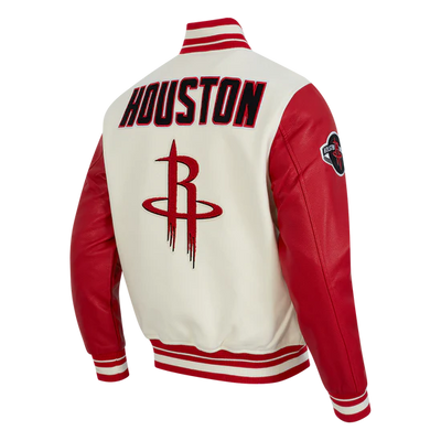 Houston Rockets Retro Classic Rib Varsity Off-White Wool & Red Genuine Leather Sleeves Men's Bomber Jacket