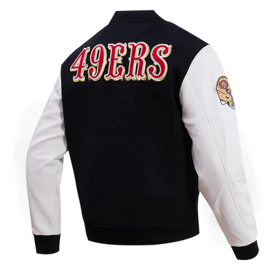 San Francisco 49ers Mash Up Retro Classic Black Wool & White Genuine Leather Sleeves Men's Varsity Letterman Jacket