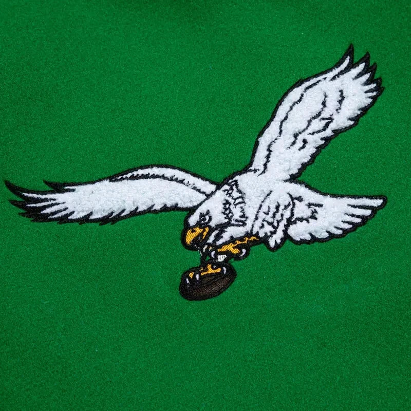 Philadelphia Eagles Go Birds Kelly Green Wool & Off White Genuine Leather Sleeves Men's Varsity Letterman Jacket