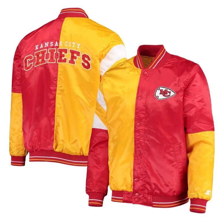 Kansas City Chiefs Deandre Jordan Full-Snap Varsity Red and Yellow Satin Men's Bomber Jacket