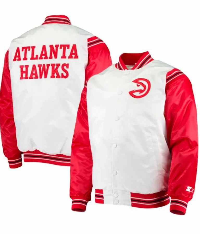Atlanta Hawks Full-Snap Varsity Red and White Satin Men's Bomber Jacket