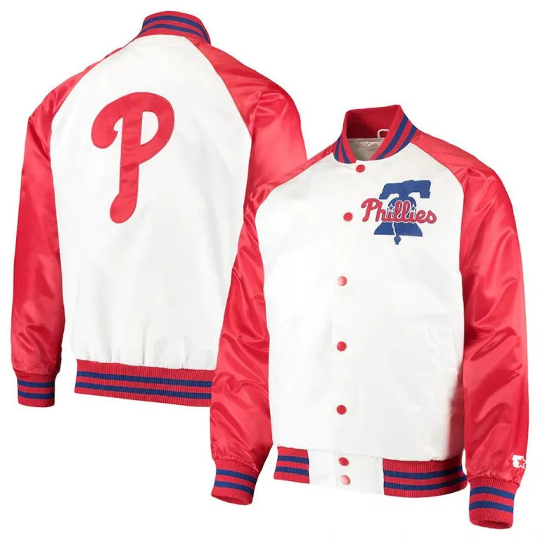 Philadelphia Phillies Clean-Up Hitter Full-Snap White/Red Satin Men's Bomber Jacket