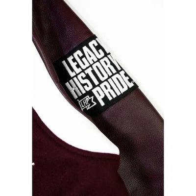 Morehouse College Motto 3.0 Maroon Wool & Genuine Leather Sleeves Men's Letterman Varsity Jacket