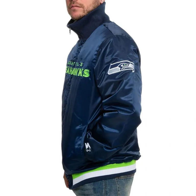 Seattle Seahawks Neon Embroidery Full-Snap Varsity Navy Blue Satin Men's Bomber Jacket