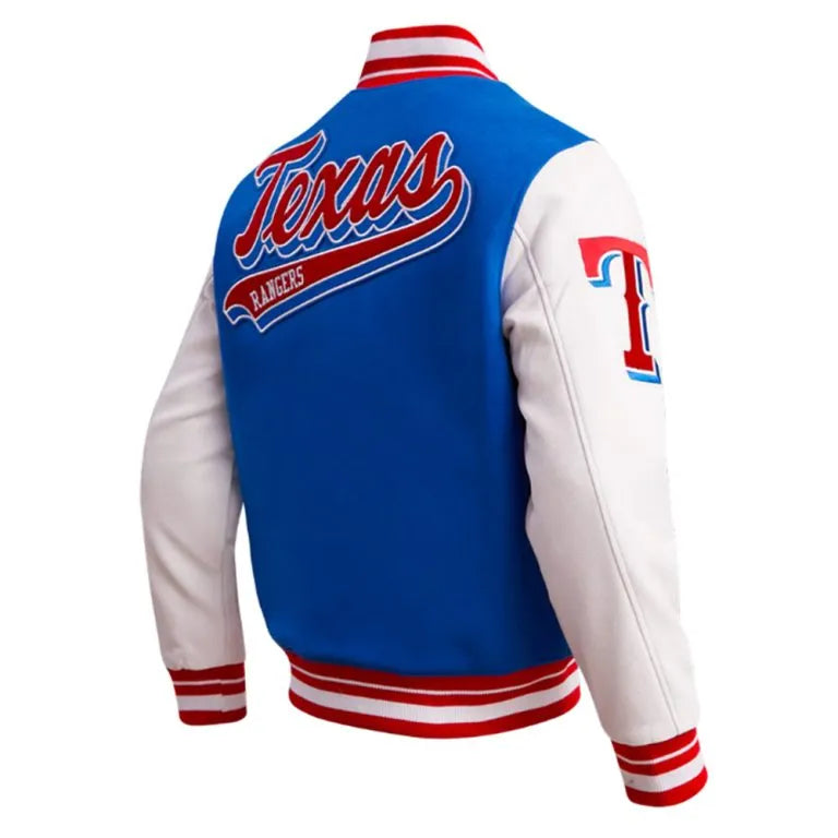 Texas Rangers Script Tail Blue Wool & White Leather Sleeves Varsity Men's Jacket