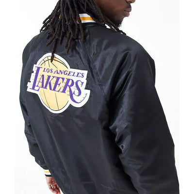 Los Angeles Lakers Applique Full-Snap Varsity Black Satin Men's Bomber Jacket