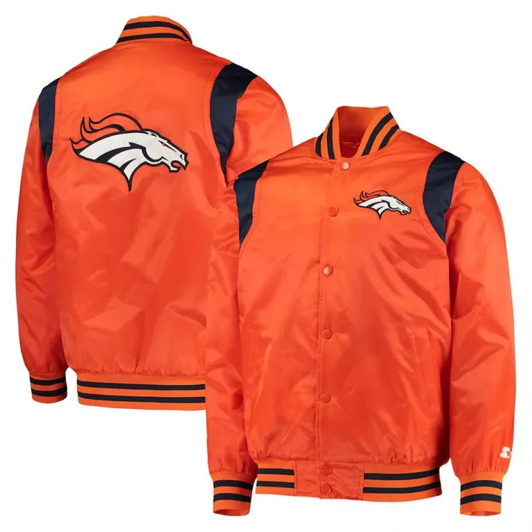 Denver Broncos Prime Time Full-Snap Varsity Orange/Navy Satin Men's Bomber Jacket