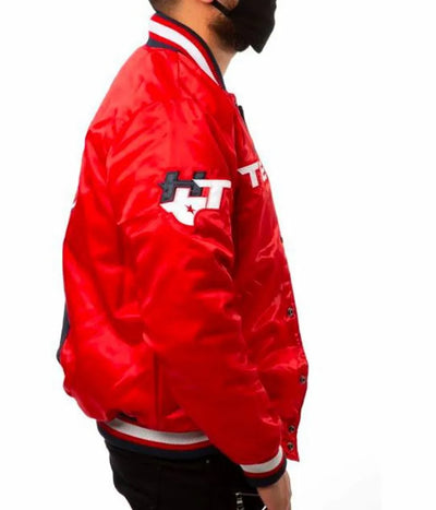 Houston Texan Full-Snap Varsity Red and Navy Blue Satin Men's Bomber Jacket