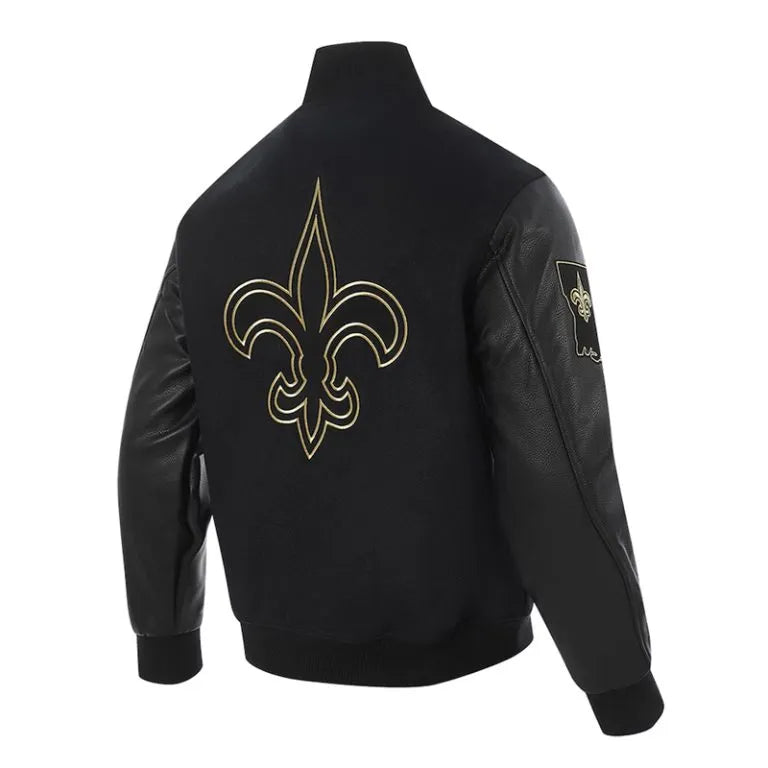 New Orleans Saints Mash Up Black Wool & Genuine Leather Sleeves Men's Varsity Letterman Jacket
