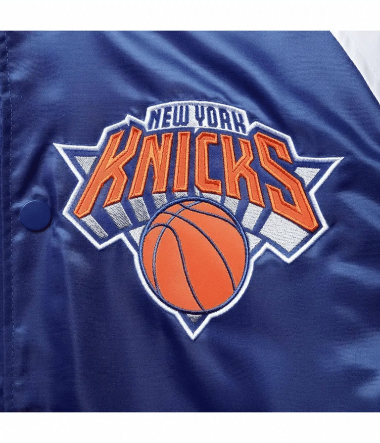 New York Knick Classic Full-Snap Varsity Royal Blue and Orange Satin Men's Bomber Jacket