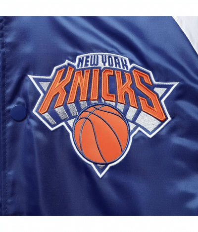 New York Knick Classic Full-Snap Varsity Royal Blue and Orange Satin Men's Bomber Jacket