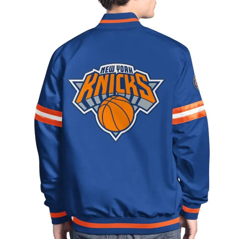 New York Knicks Scout Full-Snap Varsity Blue/Black Satin Men's Bomber Jacket