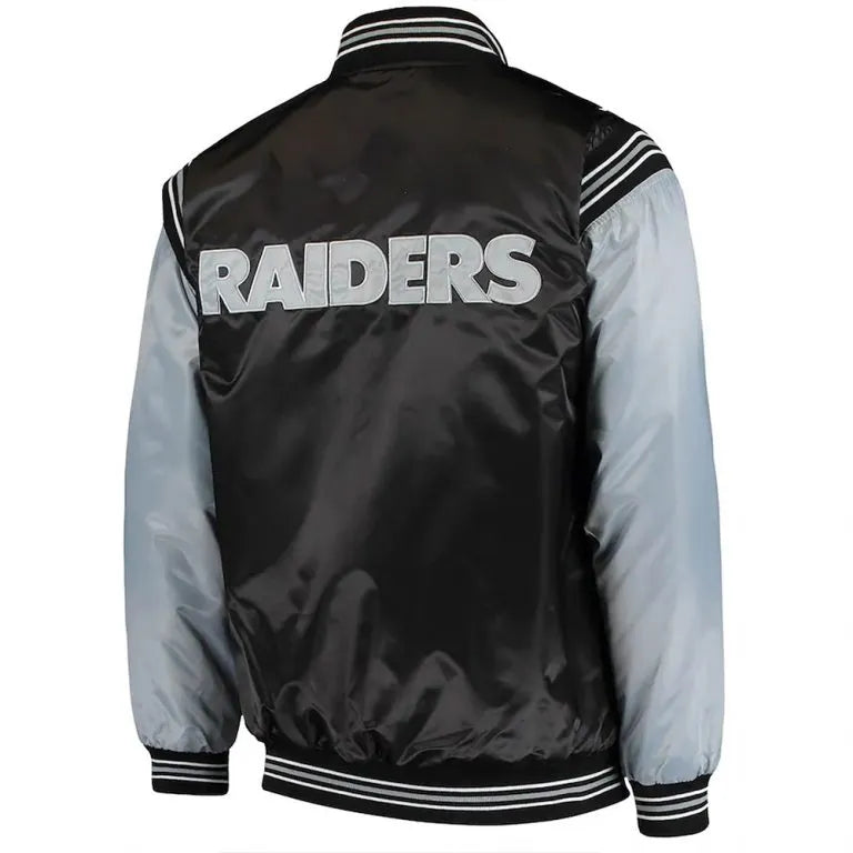 Los Angeles Raiders Enforcer Full-Snap Varsity Black and Grey Satin Men's Bomber Jacket