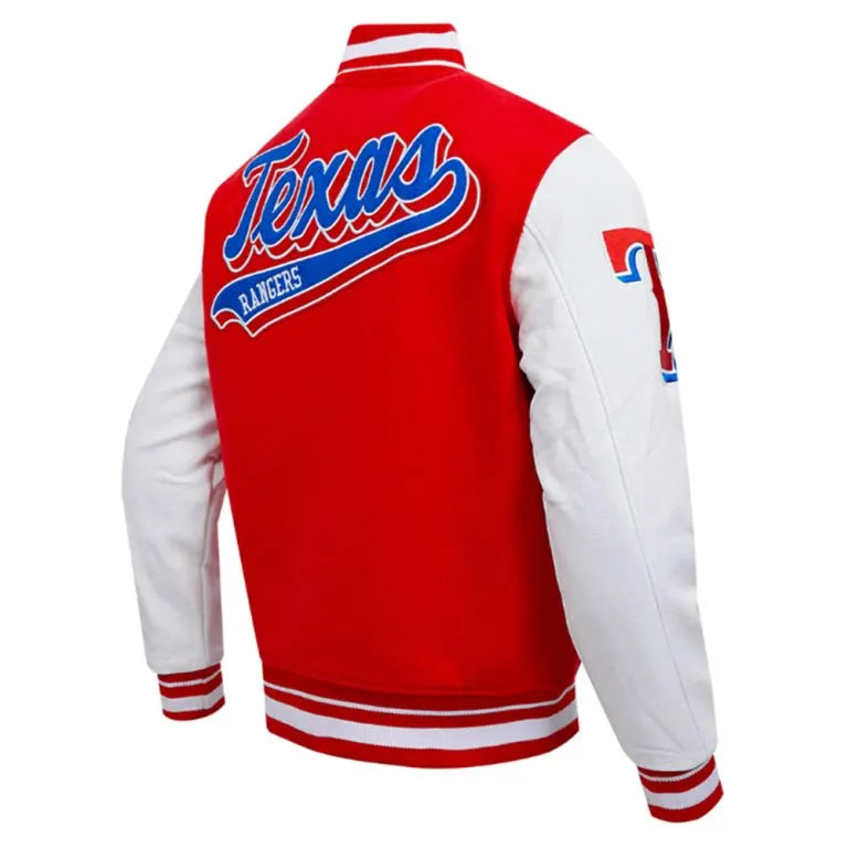 Texas Rangers Script Tail Red Wool & White Leather Sleeves Varsity Men's Jacket