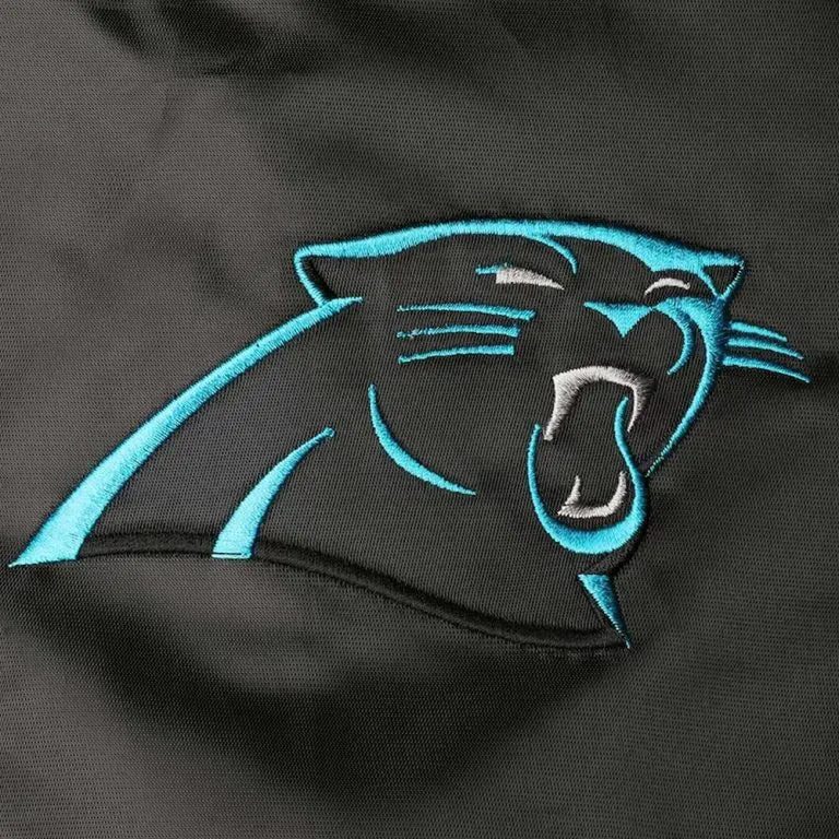 Carolina Panthers Enforcer Full-Snap Varsity Black/Blue Satin Men's Bomber Jacket