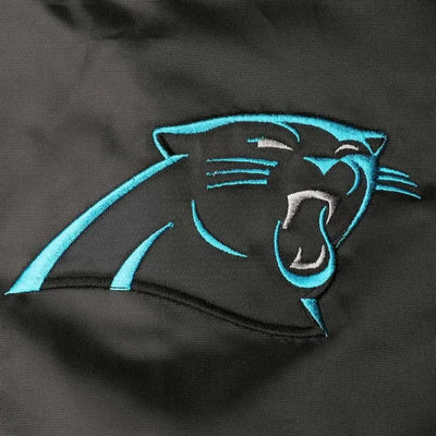 Carolina Panthers Enforcer Full-Snap Varsity Black/Blue Satin Men's Bomber Jacket