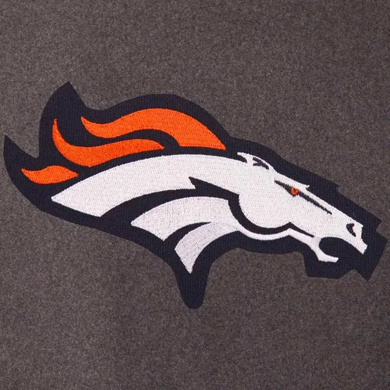 Denver Broncos Charcoal Wool & Navy Blue Genuine Leather Sleeves Men's Varsity Jacket