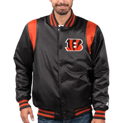 Cincinnati Bengals Prime Time Full-Snap Varsity Black Satin Men's Bomber Jacket