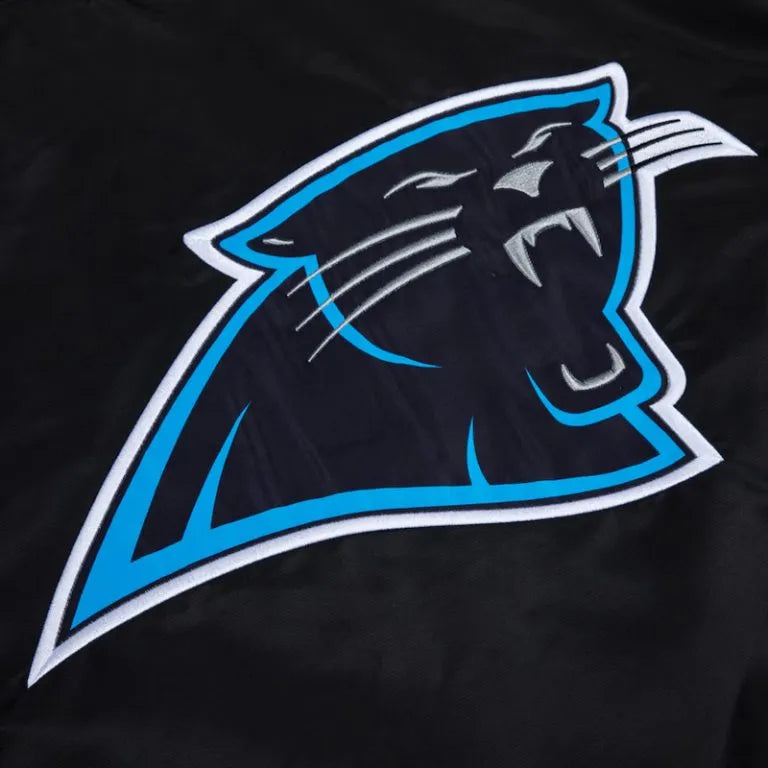 Carolina Panthers Blue Rib Full-Snap Varsity Black Satin Men's Bomber Jacket
