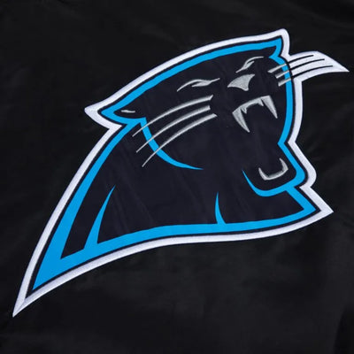 Carolina Panthers Blue Rib Full-Snap Varsity Black Satin Men's Bomber Jacket