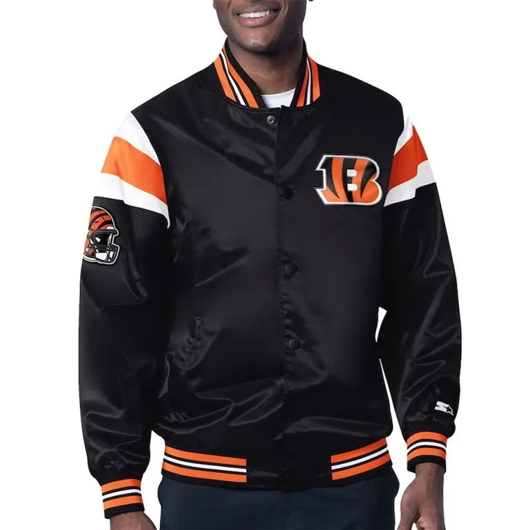 Cincinnati Bengals Midweight Full-Snap Varsity Black Satin Men's Bomber Jacket