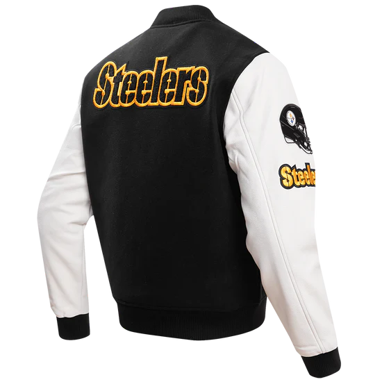 Pittsburgh Steelers Black Wool & White Genuine Leather Sleeves Men's Varsity Letterman Jacket