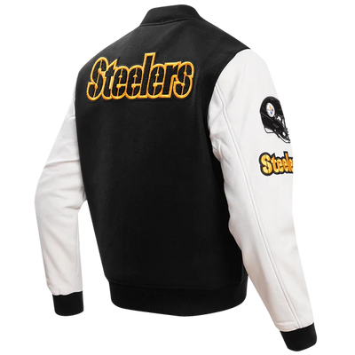 Pittsburgh Steelers Black Wool & White Genuine Leather Sleeves Men's Varsity Letterman Jacket