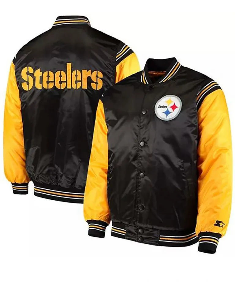 Pittsburgh Steelers Enforcer Full-Snap Varsity Black and Yellow Satin Men's Bomber Jacket