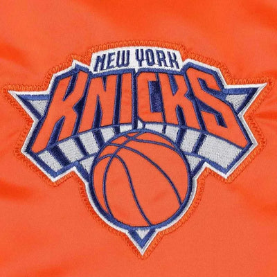 New York Knick Slider Full-Snap Varsity Orange Satin Men's Bomber Jacket
