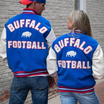 Buffalo Bills Royal Blue Wool and White Leather Sleeves Varsity Men's Letterman Jacket